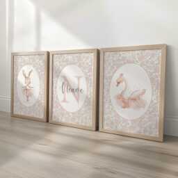 Set Of 3 Personalised Girls Nursery Prints, Floral Ballet Roses Name Poster, Pink Dance Decor Wall Art For Nursery, Bedroom Or Playroom - thumbnail 2