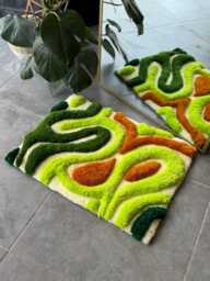 Modern 3D Green Textured Handmade Tufted Rug - Sculptural Contemporary Floor Art Minimalist Fiber Decor - thumbnail 1