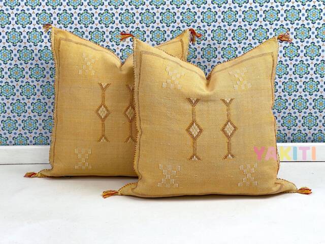 Yakiti-Yellow Square Moroccan Pillows 20x20, Aka Cactus Silk Pillow, Decorative Pillows, Sabra Pillows, Decor Designer Cactus Silk - image 1
