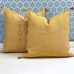 Yakiti-Yellow Square Moroccan Pillows 20x20, Aka Cactus Silk Pillow, Decorative Pillows, Sabra Pillows, Decor Designer Cactus Silk - thumbnail 2