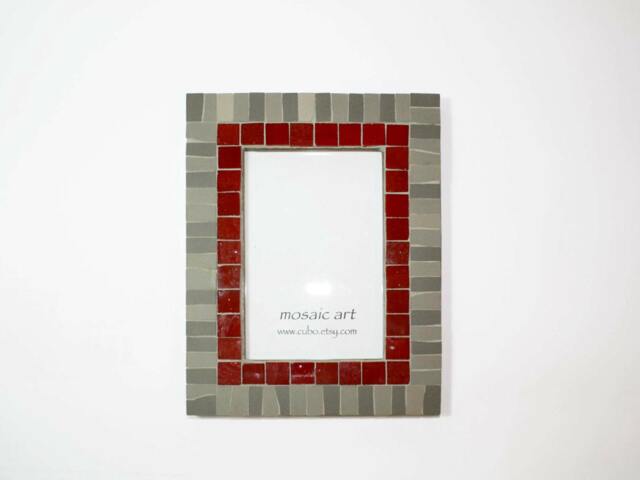 Mosaic Photo Frame - Handcut Gray Ceramic & Red Glass Tiles - image 1