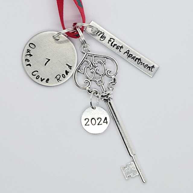 My First Apartment 2026 Personalized Hand Stamped Christmas Ornament With Address & Skeleton Key Charm - image 1
