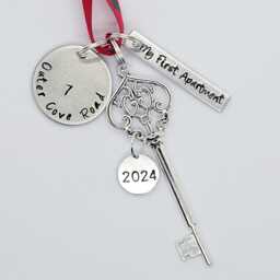 My First Apartment 2026 Personalized Hand Stamped Christmas Ornament With Address & Skeleton Key Charm - thumbnail 1