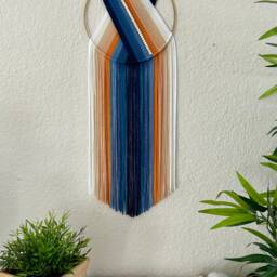 Orange & Blue Yarn Wall Hanging With Beads, Hoop Art, Textile Retro Macrame Decor, Handmade Hangings - thumbnail 4