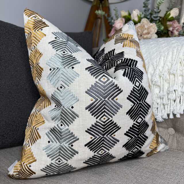 Decorative Cushion Cover With Embroidered Geometric Design - Harlequin Kalimba Lumbar Pillow Case - image 1