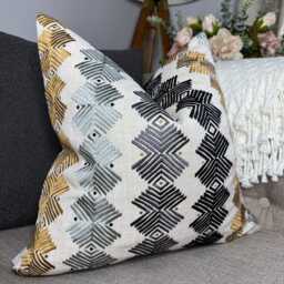 Decorative Cushion Cover With Embroidered Geometric Design - Harlequin Kalimba Lumbar Pillow Case