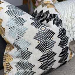 Decorative Cushion Cover With Embroidered Geometric Design - Harlequin Kalimba Lumbar Pillow Case - thumbnail 3