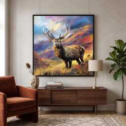 Scottish Stag Framed Canvas Print, Colourful Highland Deer Wall Art, Mountain Landscape Picture, Large Living Room Decor - thumbnail 2