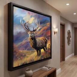 Scottish Stag Framed Canvas Print, Colourful Highland Deer Wall Art, Mountain Landscape Picture, Large Living Room Decor