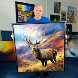 Scottish Stag Framed Canvas Print, Colourful Highland Deer Wall Art, Mountain Landscape Picture, Large Living Room Decor - thumbnail 3