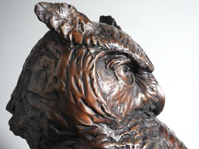 "Hand-Cast Bronze Great-Horned Owl Bust Sculpture, " - image 1