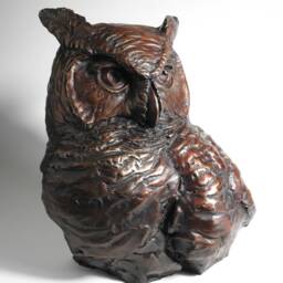 "Hand-Cast Bronze Great-Horned Owl Bust Sculpture, " - thumbnail 2