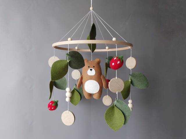 Woodland Baby Mobile - Bear Crib With Berries & Leaves Forest Nursery Decor Neutral Strawberry Musical Arm - image 1