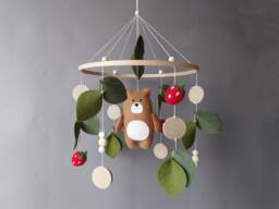 Woodland Baby Mobile - Bear Crib With Berries & Leaves Forest Nursery Decor Neutral Strawberry Musical Arm - thumbnail 1