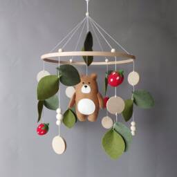 Woodland Baby Mobile - Bear Crib With Berries & Leaves Forest Nursery Decor Neutral Strawberry Musical Arm - thumbnail 2
