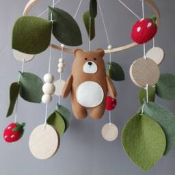 Woodland Baby Mobile - Bear Crib With Berries & Leaves Forest Nursery Decor Neutral Strawberry Musical Arm - thumbnail 3
