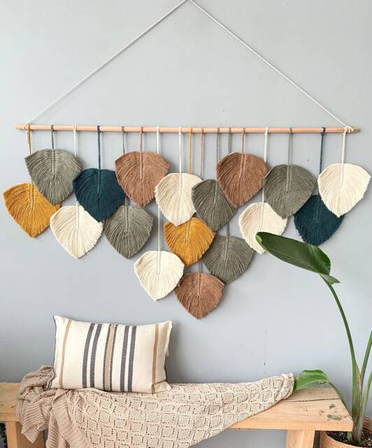 Vertical Macrame Wall Hanging Boho Feather Decor, Housewarming Gift Headboard - image 1