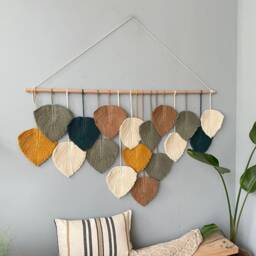Vertical Macrame Wall Hanging Boho Feather Decor, Housewarming Gift Headboard - thumbnail 3