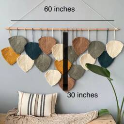 Vertical Macrame Wall Hanging Boho Feather Decor, Housewarming Gift Headboard - thumbnail 2