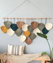 Vertical Macrame Wall Hanging Boho Feather Decor, Housewarming Gift Headboard - thumbnail 1