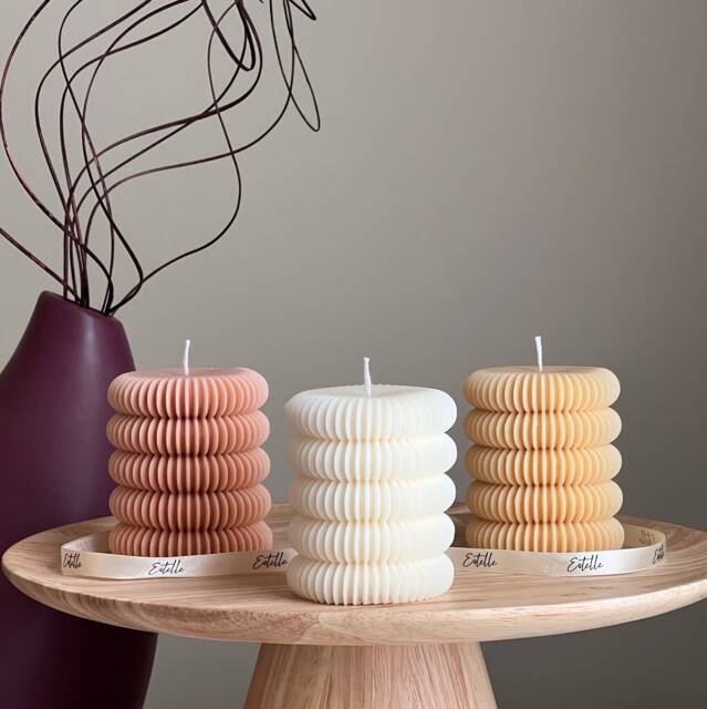 Hand Poured Soy Wax Ribbed Pillar Candle - Unscented Decorative - image 1