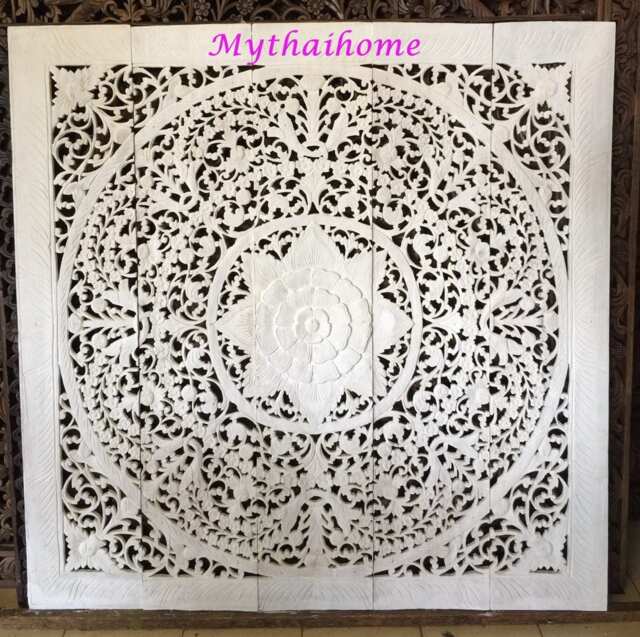 Thai Queen Bed Mandala Bohemian Headboard 5Ft Sculpture Lotus Flower Wooden Hand Craved Carving Teak Wood Art Panel Wash Wall Decor Thailand - image 1