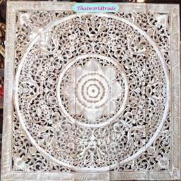 Thai Queen Bed Mandala Bohemian Headboard 5Ft Sculpture Lotus Flower Wooden Hand Craved Carving Teak Wood Art Panel Wash Wall Decor Thailand - thumbnail 2