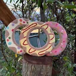Handmade Punch Needle Donut Mirror - Tufted Round Wall Colorful Boho Decor Fun Aesthetic Home Accent Gift Idea - thumbnail 2