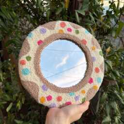 Handmade Punch Needle Donut Mirror - Tufted Round Wall Colorful Boho Decor Fun Aesthetic Home Accent Gift Idea - thumbnail 3