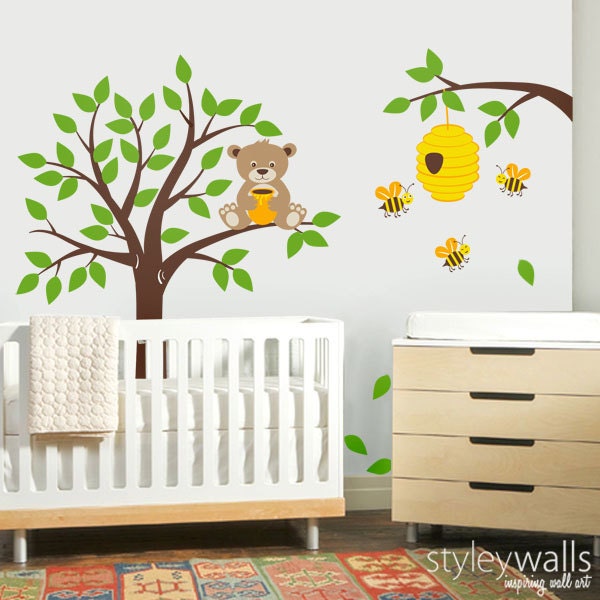 Tree Wall Decal Honey Bear & Bees Nursery Kids Bee Hive Decor Sticker - image 1