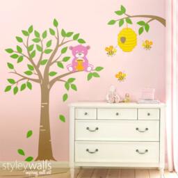 Tree Wall Decal Honey Bear & Bees Nursery Kids Bee Hive Decor Sticker - thumbnail 3