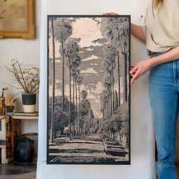 Bird Streets Of Los Angeles Engraved Birch Wood Panel - California House Wall Art, City Scene Illustration, Retro Cali Home Decor Gift - thumbnail 2