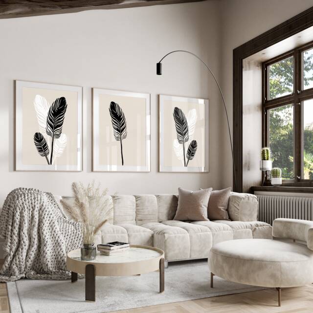 Neutral Wall Prints, Botanical Bedroom Feather Wall Art, Beige Home Decor, Black Set Of 3 Prints A2 A1 - image 1