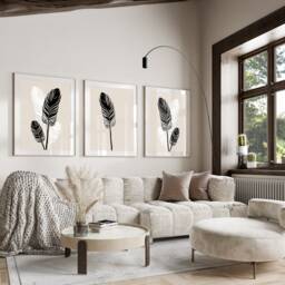 Neutral Wall Prints, Botanical Bedroom Feather Wall Art, Beige Home Decor, Black Set Of 3 Prints A2 A1 - thumbnail 1