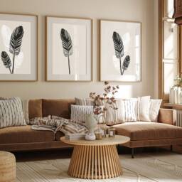 Neutral Wall Prints, Botanical Bedroom Feather Wall Art, Beige Home Decor, Black Set Of 3 Prints A2 A1 - thumbnail 2