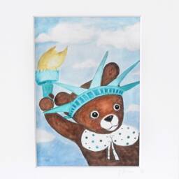Teddy Bear Statue Of Liberty - Small Print, Nursery Painting, Art, Kids Room Decoration, Wall Art, New York Scenery, Nursery Decoration - thumbnail 2