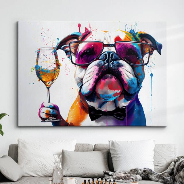 Bulldog Toasting Drink Dog Pet Abstract Modern Painting Wall Art, Framed Canvas Poster Print, Home Kitchen Office Room Decor, Gifts - image 1