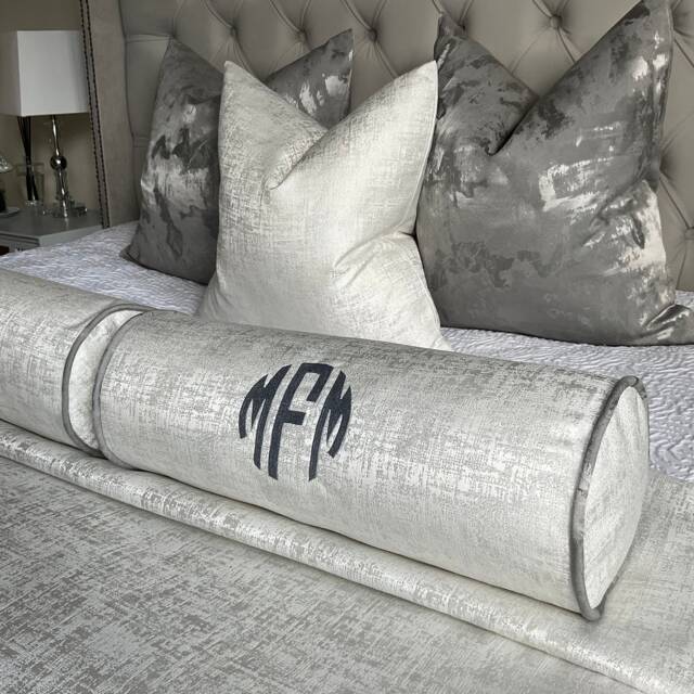 Monogram Personalised Initials Cushion - 16 X 6 Bolster, Elegant Home Decor, UK Handmade Gift, White Silver Cushion, Wedding Birthday Gift - image 1