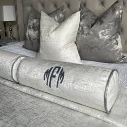 Monogram Personalised Initials Cushion - 16 X 6 Bolster, Elegant Home Decor, UK Handmade Gift, White Silver Cushion, Wedding Birthday Gift