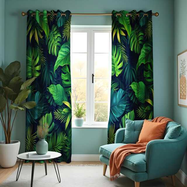Tropical Leaf & Lush Green Curtains, Monstera & Fern Print Drapes, Palm Leaves Window Treatments, Leafy Bedroom Or Living Room Decor - image 1