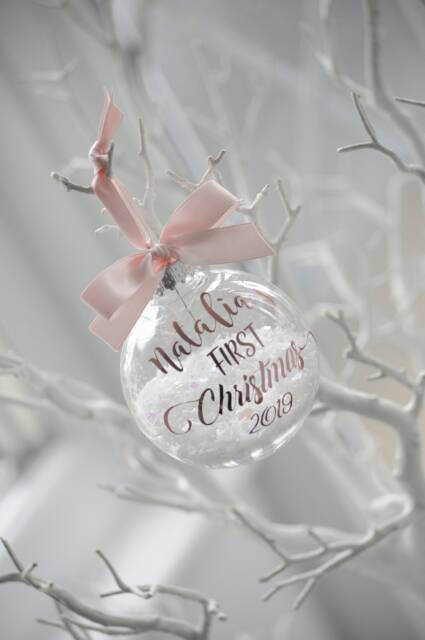 Snow Filled Personalised First Christmas Bauble Rose Gold, Pink, Christmas, Baby Gift, New Bauble, 2025 - image 1