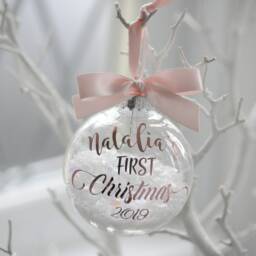 Snow Filled Personalised First Christmas Bauble Rose Gold, Pink, Christmas, Baby Gift, New Bauble, 2025 - thumbnail 3