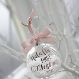 Snow Filled Personalised First Christmas Bauble Rose Gold, Pink, Christmas, Baby Gift, New Bauble, 2025 - thumbnail 2