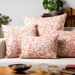 Willow Leaves Cushion Cover in Coral Pink. Organic Linen-Blend Fabric. Botanical Nature-Inspired Print. 17x17 - thumbnail 3