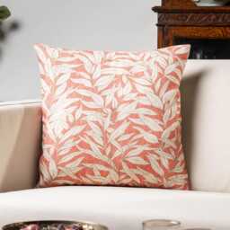 Willow Leaves Cushion Cover in Coral Pink. Organic Linen-Blend Fabric. Botanical Nature-Inspired Print. 17x17