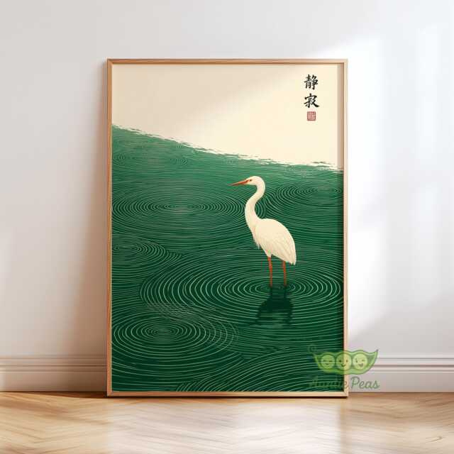 Japanese Heron Wall Art, Minimalist Zen Water Print, Japandi Meditation Decor, Traditional Bird Nature Artwork, Calm Green Poster - image 1