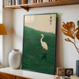 Japanese Heron Wall Art, Minimalist Zen Water Print, Japandi Meditation Decor, Traditional Bird Nature Artwork, Calm Green Poster - thumbnail 2
