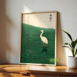 Japanese Heron Wall Art, Minimalist Zen Water Print, Japandi Meditation Decor, Traditional Bird Nature Artwork, Calm Green Poster - thumbnail 3