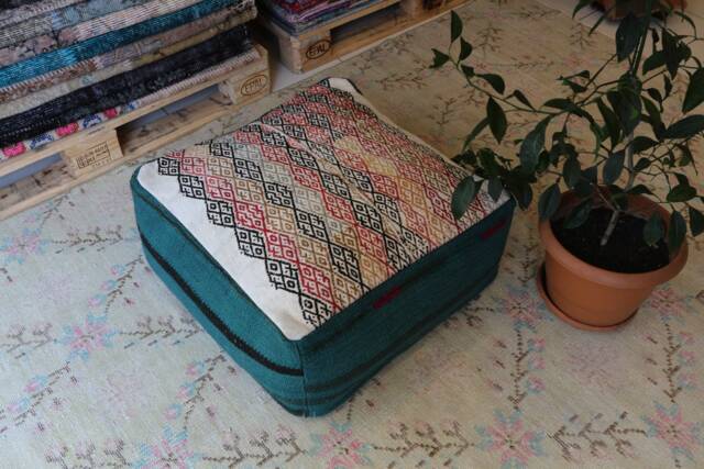 Vintage Kilim Rug Pouf, Turquoise & White Square Ottoman - image 1
