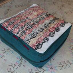 Vintage Kilim Rug Pouf, Turquoise & White Square Ottoman - thumbnail 3